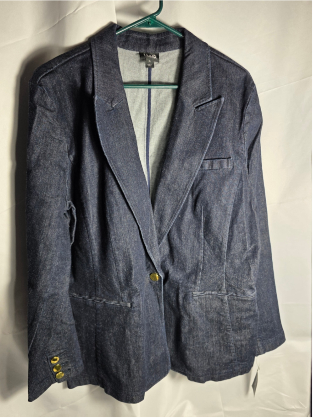 Women's I.N.C. Denim Blazer Jacket XL Blue Gold Buttons officewear trendy fall